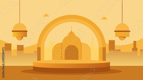 Minimalist desert mosque with hanging lamps