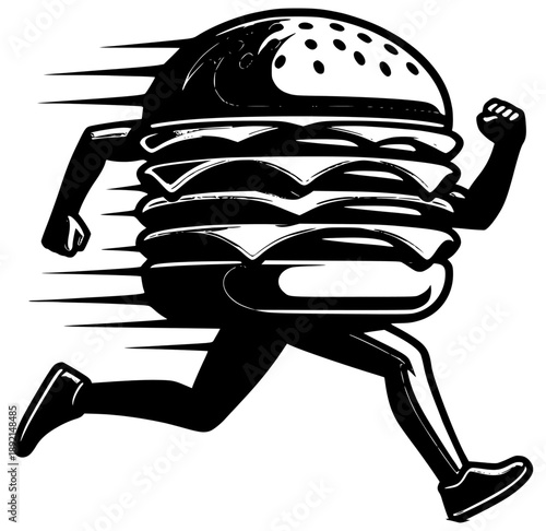 Speedy Burger Dash: An energetic burger illustration takes off in a flash, dashing forward with lightning-fast speed. A whimsical concept symbolizing fast food, quick service, and delightful taste