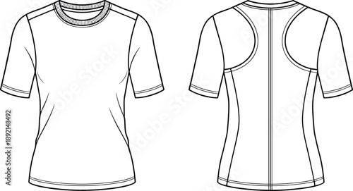Front and back technical fashion illustration of women’s short sleeve athletic t-shirt with crew neck, seam details, activewear design template outline drawing