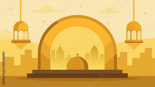 Modern mosque with cityscape and minarets