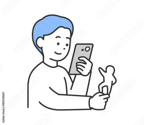 スマートフォンでアクリルスタンドを撮影する男性のイラスト　ベクター