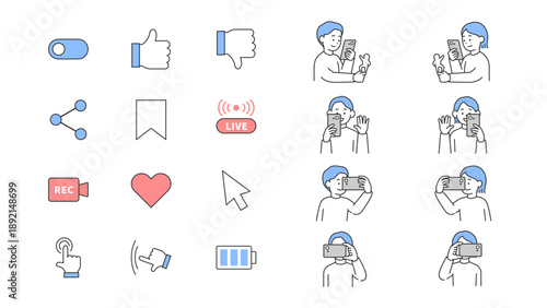 スマートフォンやSNSに関するアイコンと人物のイラストセット　ベクター