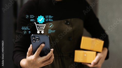 Woman holding parcel boxes and using smartphone with virtual e-commerce order fulfillment icons.