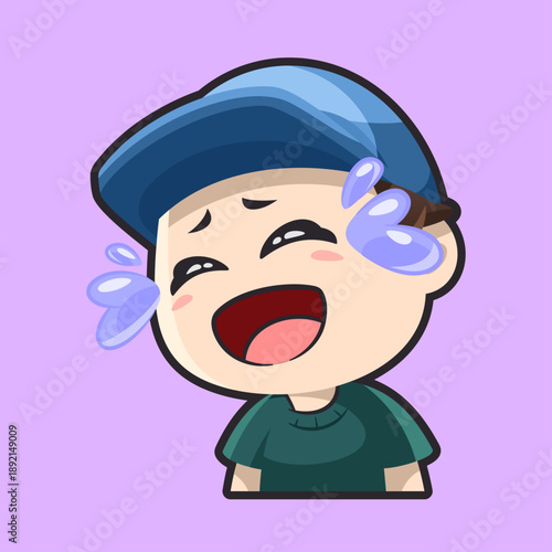 Joyful Cartoon Boy With Cap Laughing Hysterically with Tears