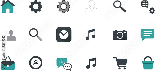 Collection of flat design application interface icons featuring various functional elements for mobile user experience design projects