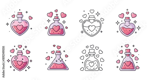 Collection of cute heart shaped love potion bottles featuring various styles of glass containers filled with magical pink liquid and floating hearts icons