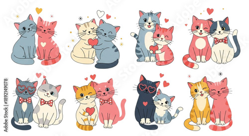 Cute Cartoon Cat Couples Set with Hearts Romantic Valentine Collection