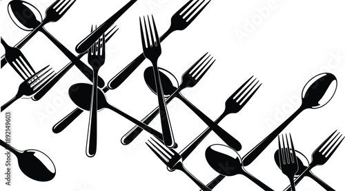 Diagonal fork and spoon silhouette pattern, abstract kitchen utensil background, seamless black vector design for culinary, restaurant, food themes.