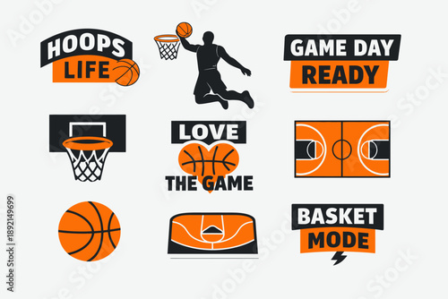 A collection of basketball-themed graphic elements including players, hoops, courts, and motivational slogans in orange, black, and white.