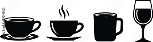 Silhouette icons of teacup, coffee mug, steaming tea, and wine glass isolated on white background for beverage concepts