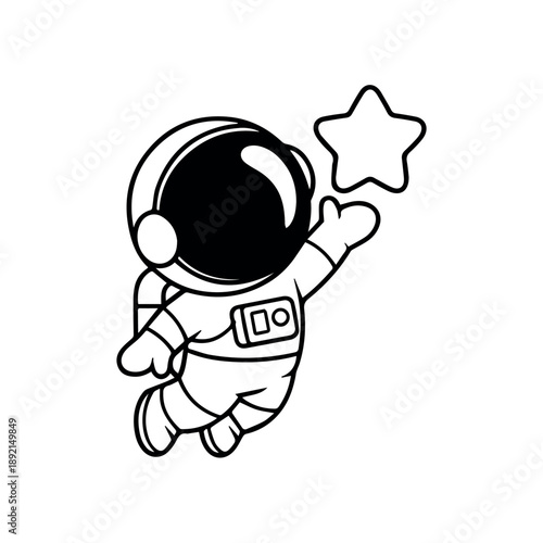 An adorable cartoon astronaut in a space suit is playfully reaching up to grab a shining star, depicted in a simple black and white line art style.