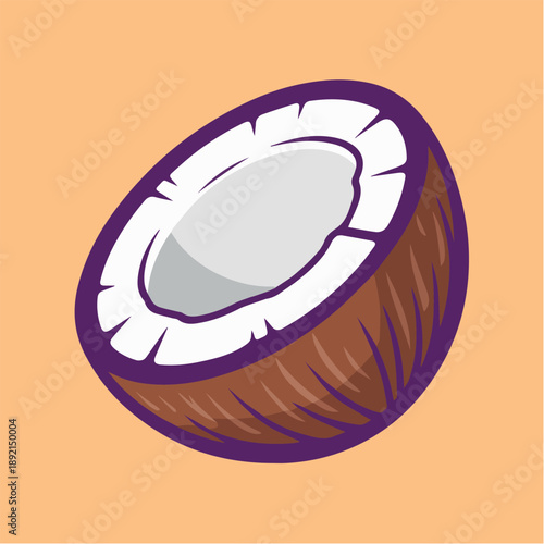 A detailed cartoon illustration features a single half of a coconut, showing its fibrous brown shell and the white flesh inside, set against a warm orange background.