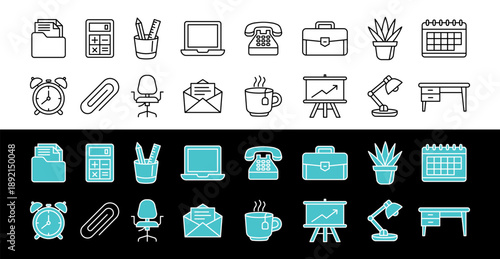 Office supplies icon set for business and workplace apps in line and fill style