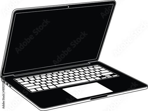 Silhouette illustration of open laptop computer with blank screen, keyboard and touchpad for business, study, or technology concept