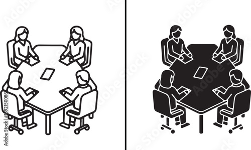 Four businesswomen sit around a square conference table in two distinct styles, one outline and one solid black.