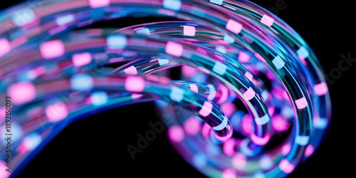 Futuristic abstract 3D visualization of luminous fiber-optic strands emitting iridescent blue and pink neon light pulses, high-detail cinematic render. Suitable for AI
