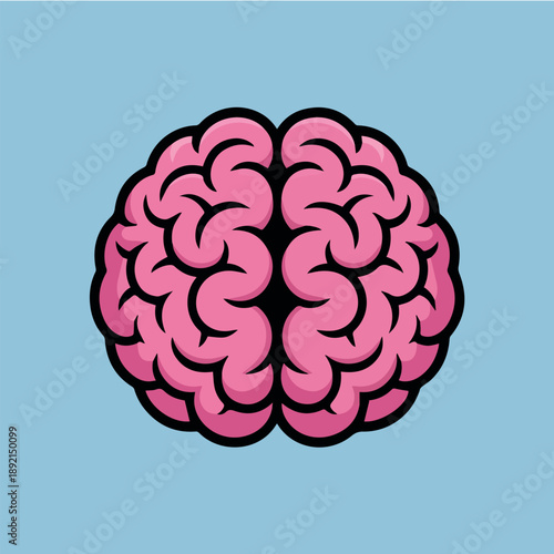 A detailed cartoon illustration of a stylized human brain is depicted in vibrant pink with distinct black outlines, set against a calming blue background.