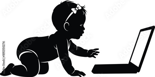 Silhouette of crawling baby reaching toward open laptop computer, symbolizing early digital exposure and modern technology interaction concept
