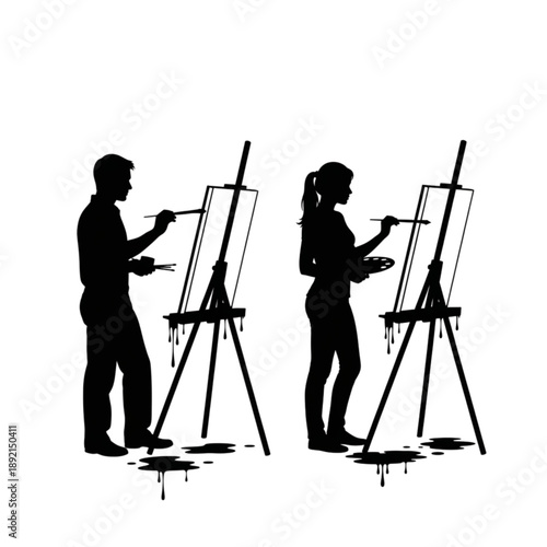 Silhouette of people painting on easels Isolated On Transparent Background.