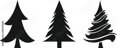 Minimal pine tree silhouette icon set featuring three stylized evergreen shapes isolated on white background for logo design, branding, nature and forest concepts
