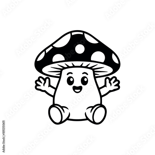 A cute and friendly cartoon mushroom character with a polka-dotted cap and wide-open arms is cheerfully inviting, depicted in black and white outline.
