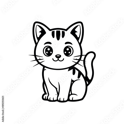 A cute and friendly cartoon cat with expressive eyes and subtle stripe details is sitting upright, depicted in a charming black and white outline drawing style.