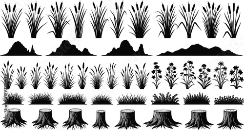 Nature plant silhouette collection with grass reeds flowers bushes tree stumps and landscape elements isolated on white background for landscaping design vector illustration set