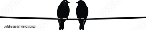"Silhouette of two birds facing each other on wire, romantic minimalist vector for love, nature, greeting card, and decor"