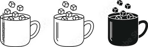 "Stylized hot chocolate mugs with marshmallows in black white contrast, minimal winter drink icon set for cozy themes."