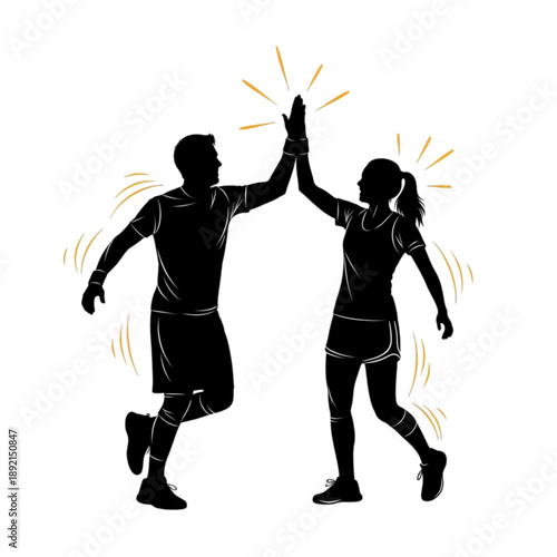 Silhouette of two people high fiving Isolated On Transparent Background.