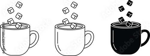 "Stylized coffee mugs with sugar cubes falling into hot drinks, minimal black white icon set for beverage design themes."