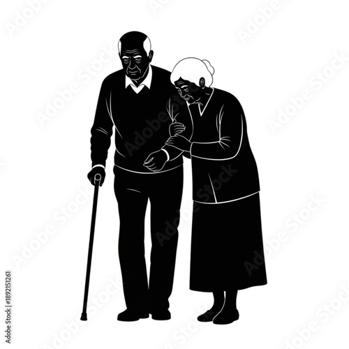 Elderly couple walking together slowly Isolated On Transparent Background.