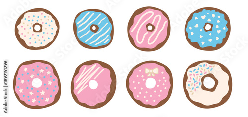 Collection of cute pastel donuts with different toppings. Hand drawn sweet dessert elements for stickers, planners, kids designs, invitations, and bakery branding.