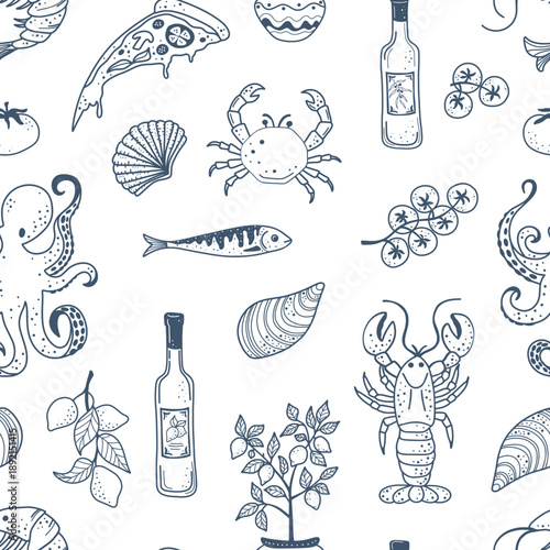 Seamless picnic themed pattern with pizza, fruit, wine and Italian food icons drawn in a casual doodle style.