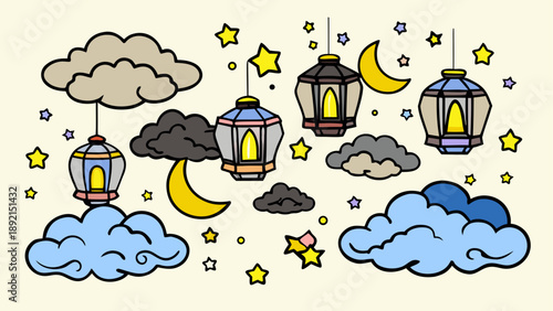 Whimsical night sky with hanging lanterns and stars