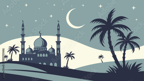 Nighttime mosque in desert landscape with palm trees