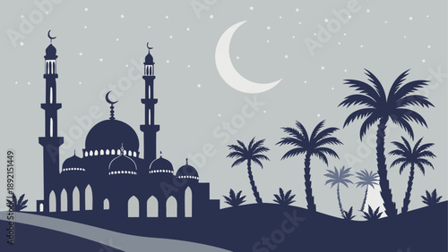 Silhouette of mosque with crescent moon and palm trees