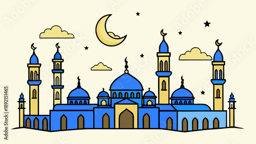 Illustrated mosque with crescent moon and stars