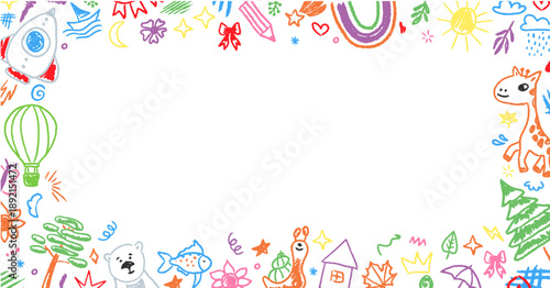 Playful crayon frame with cute doodles and childlike drawings. Perfect for kindergarten designs, kids posters and fun backgrounds.