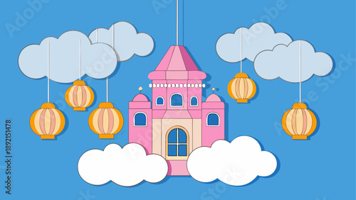 Dreamy castle in the sky with hanging lanterns