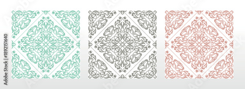 Wallpapers in the style of Baroque.. Set of colored floral ornaments. Seamless vector backgrounds Graphic patterns for fabric, wallpaper, packaging. Ornate Damask flower illustration