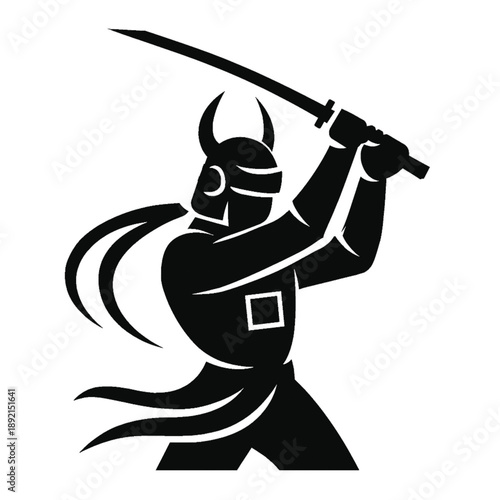 Silhouette of a viking warrior victorious in battle raising his sword