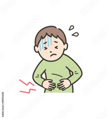 食中毒や下痢や便秘で腹痛になりお腹が痛くて抱える男の子
