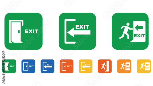 A collection of colorful exit signs on a white background