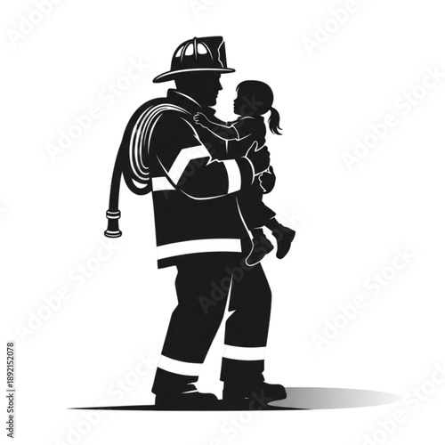 Firefighter holding a little girl Isolated On Transparent Background.