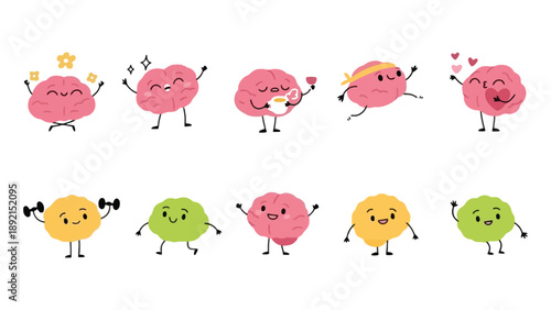 A colorful illustration of cartoon brains with various happy expressions