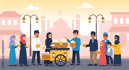 Happy Muslim family enjoying traditional street food at a bustling market during a festive celebration