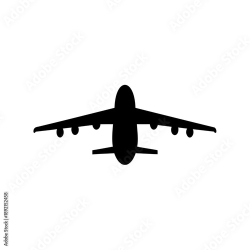 Black silhouette of large cargo plane, top view, on white background