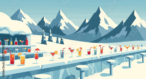 Row of colorful cocktails at outdoor snow bar with alpine mountains behind in clean retro poster style with textured grain and open space for winter resort promotions