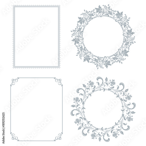 Set of decorative frames Elegant vector element for design in Eastern style, place for text. Floral gray and white borders. Lace illustration for invitations and greeting cards
